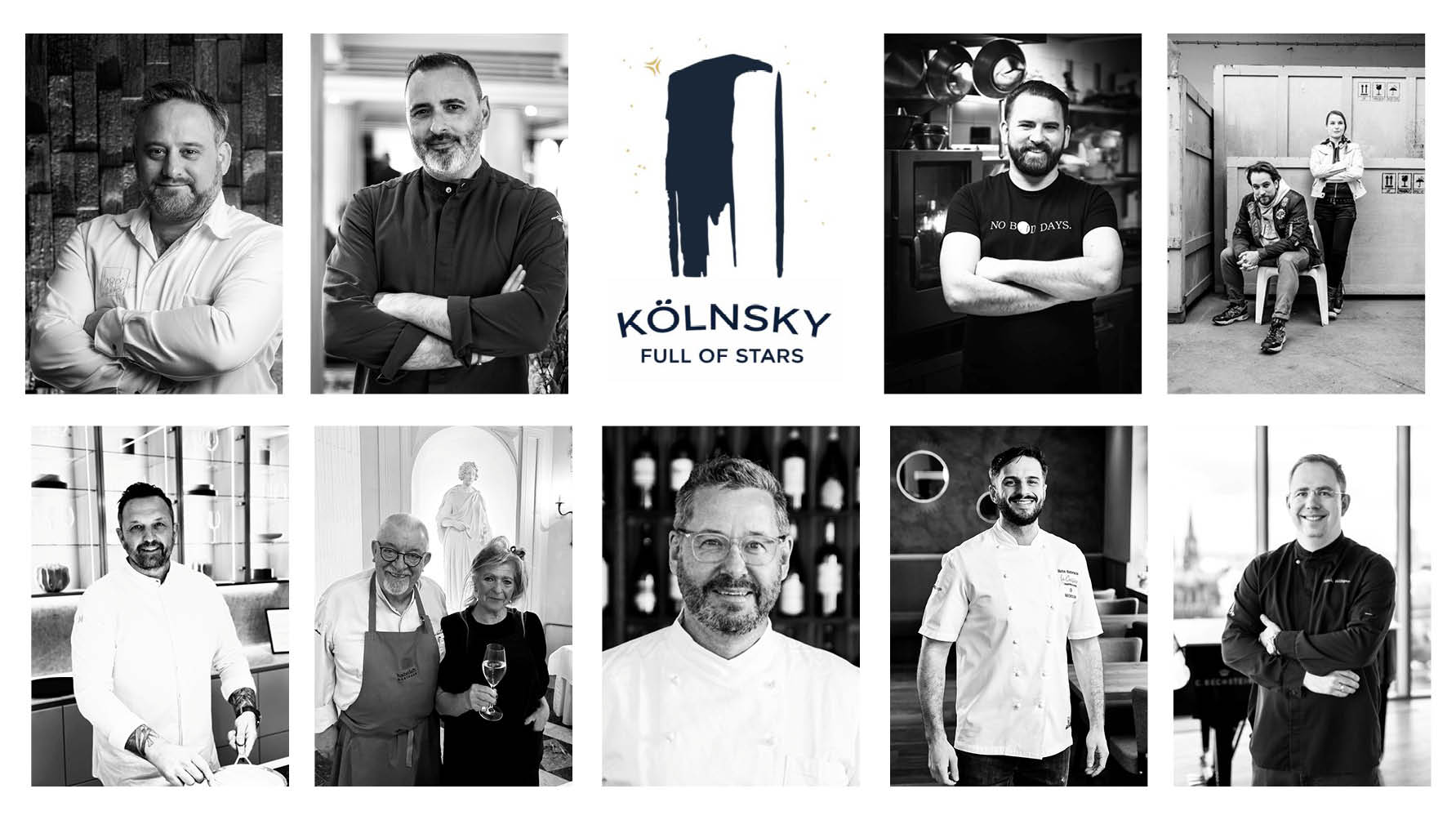 Grid of portrait photos featuring professional chefs in a kitchen setting, with a central logo reading 'KÖLNSKY FULL OF STARS'.