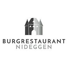 Logo for a burger restaurant called Burgers Restaurant Nidegen featuring a stylized castle silhouette formed from burger shapes in grayscale with the name beneath.