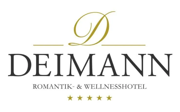 Deimann logo for a romantik- & wellness hotel: gold decorative D emblem, 'DEIMANN' in large serif, subtitle and five gold stars.